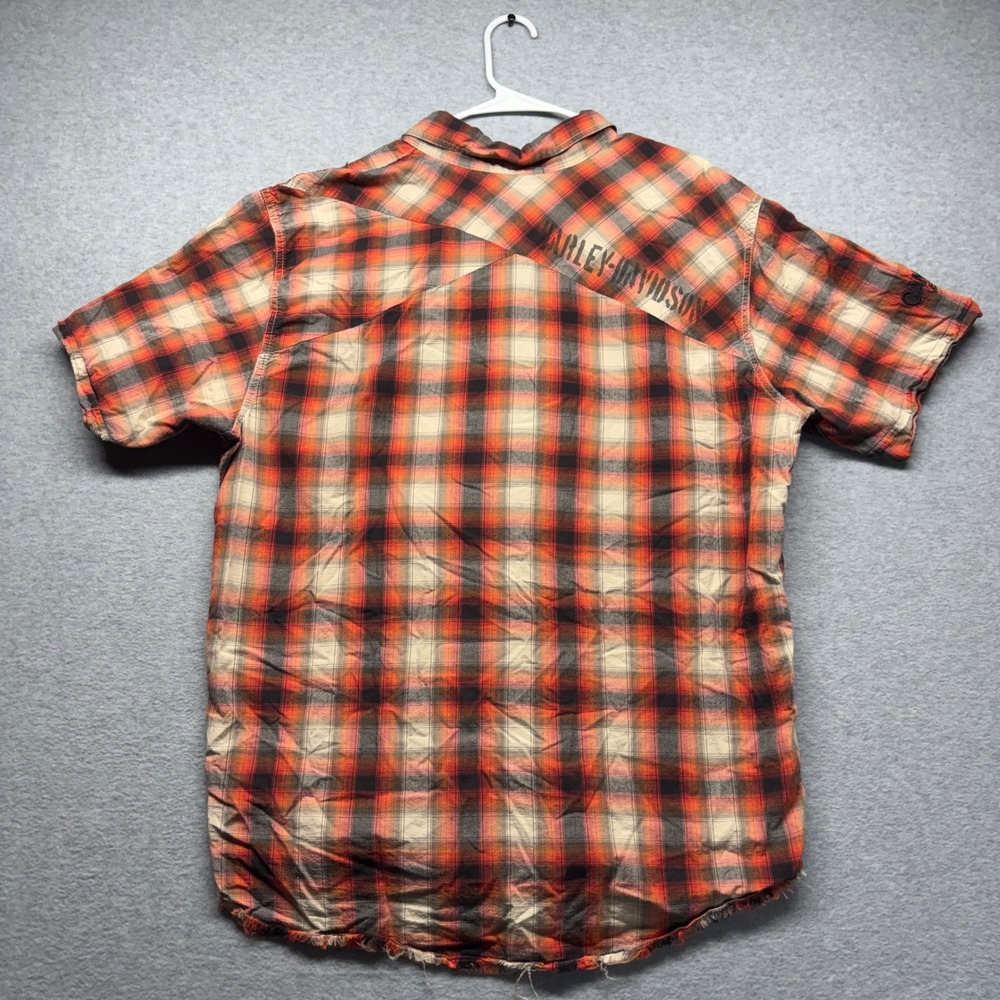 Harley-Davidson Cancun Mexico Plaid Button Up Shirt Mens XL Orange Distressed - Picture 8 of 8